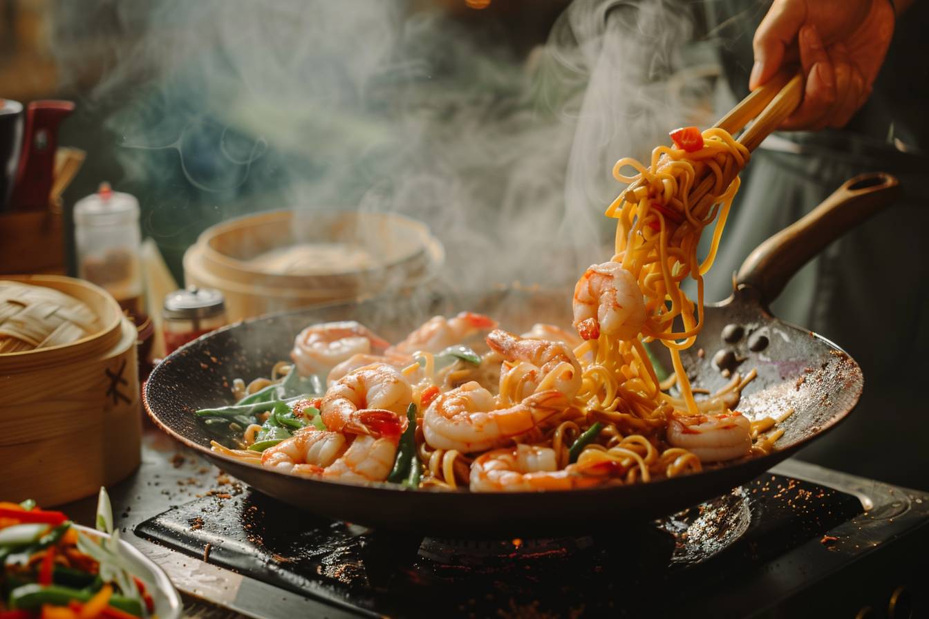 Techniques de cuisson au wok : secrets pour réussir vos nouilles sautées aux crevettes